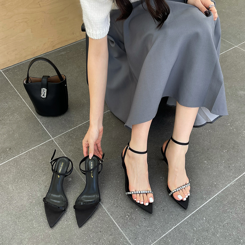 2024 New Summer Fashion European and American Style Open Toe High Heel Sandals Simple Versatile One Word Rhinestone Thin Heel Sandals