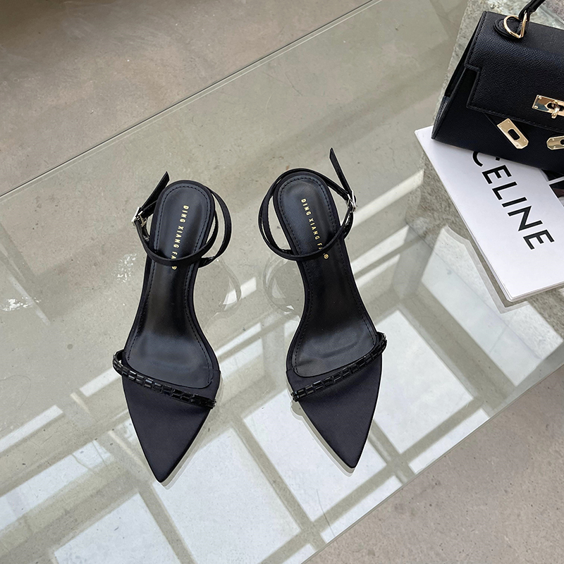 2024 New Summer Fashion European and American Style Open Toe High Heel Sandals Simple Versatile One Word Rhinestone Thin Heel Sandals - Image 3