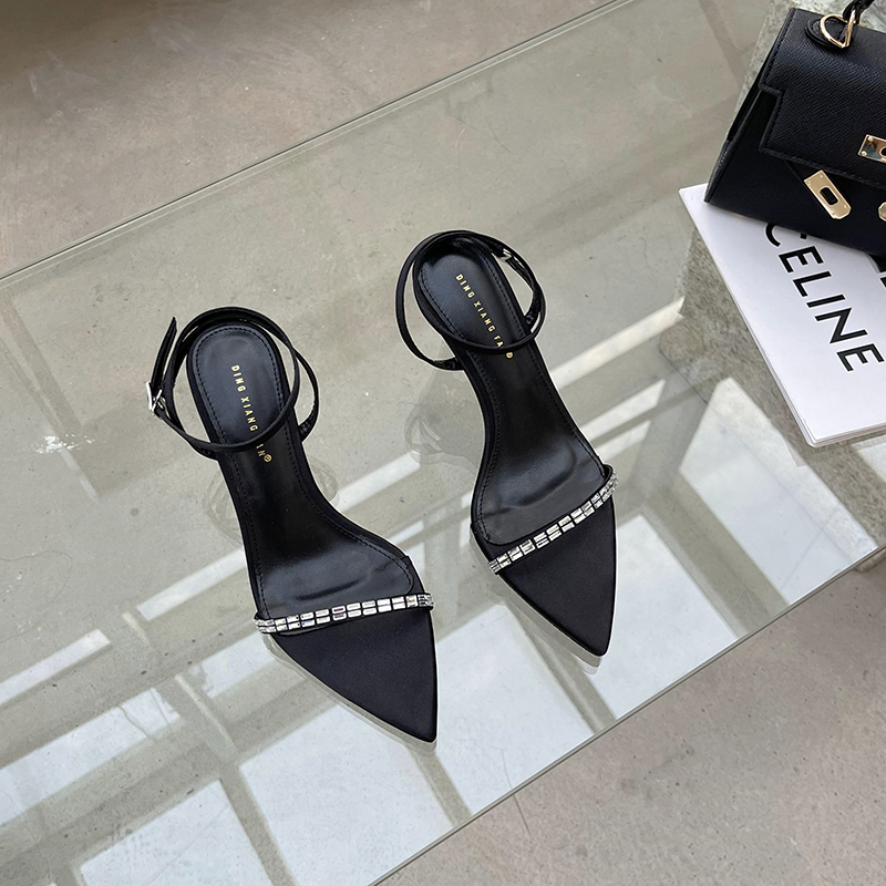 2024 New Summer Fashion European and American Style Open Toe High Heel Sandals Simple Versatile One Word Rhinestone Thin Heel Sandals - Image 4