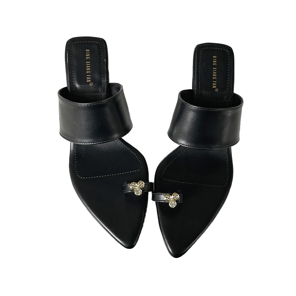 2024 Summer Women's New Korean Style Simple Elegant Mid Heel Slide Sandals Rhinestone Toe Strap Solid Color - Image 5