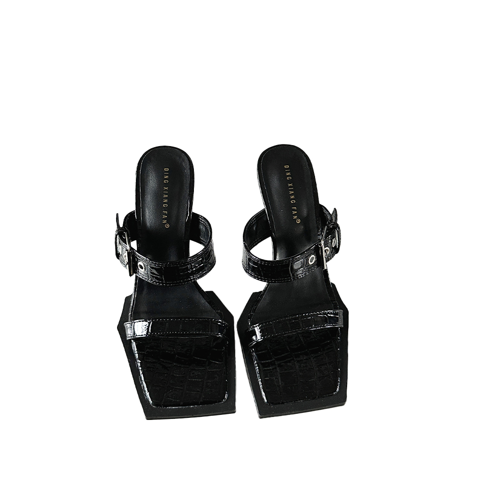 2024 Summer European American Style Fashion High Heel Sandals with Buckle Strap Decor Solid Color Thin Heel Square Toe Slippers - Image 5