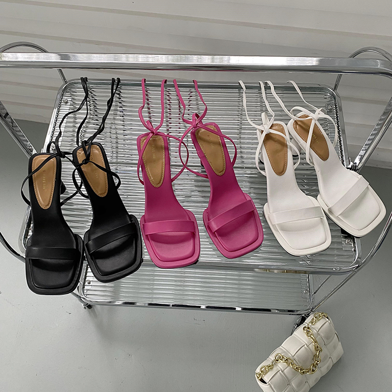 New European American Style High Heel Lace Up Sandals Fashion Simple Square Toe Summer Women Shoes