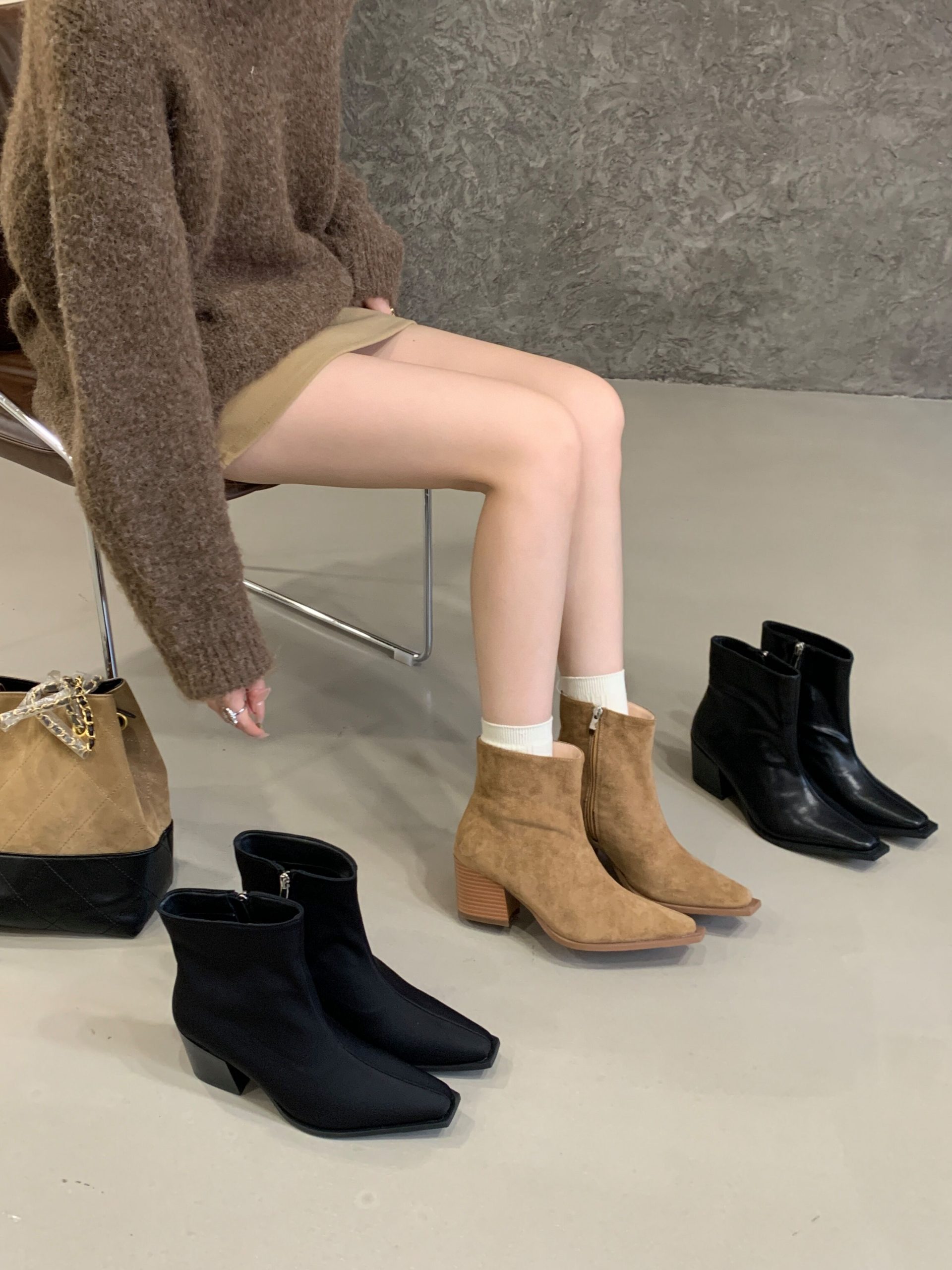 BUBUFLY Women's French Square Toe Chunky Heel Stretch Suede Ankle Boots Casual High Heel Short Boots