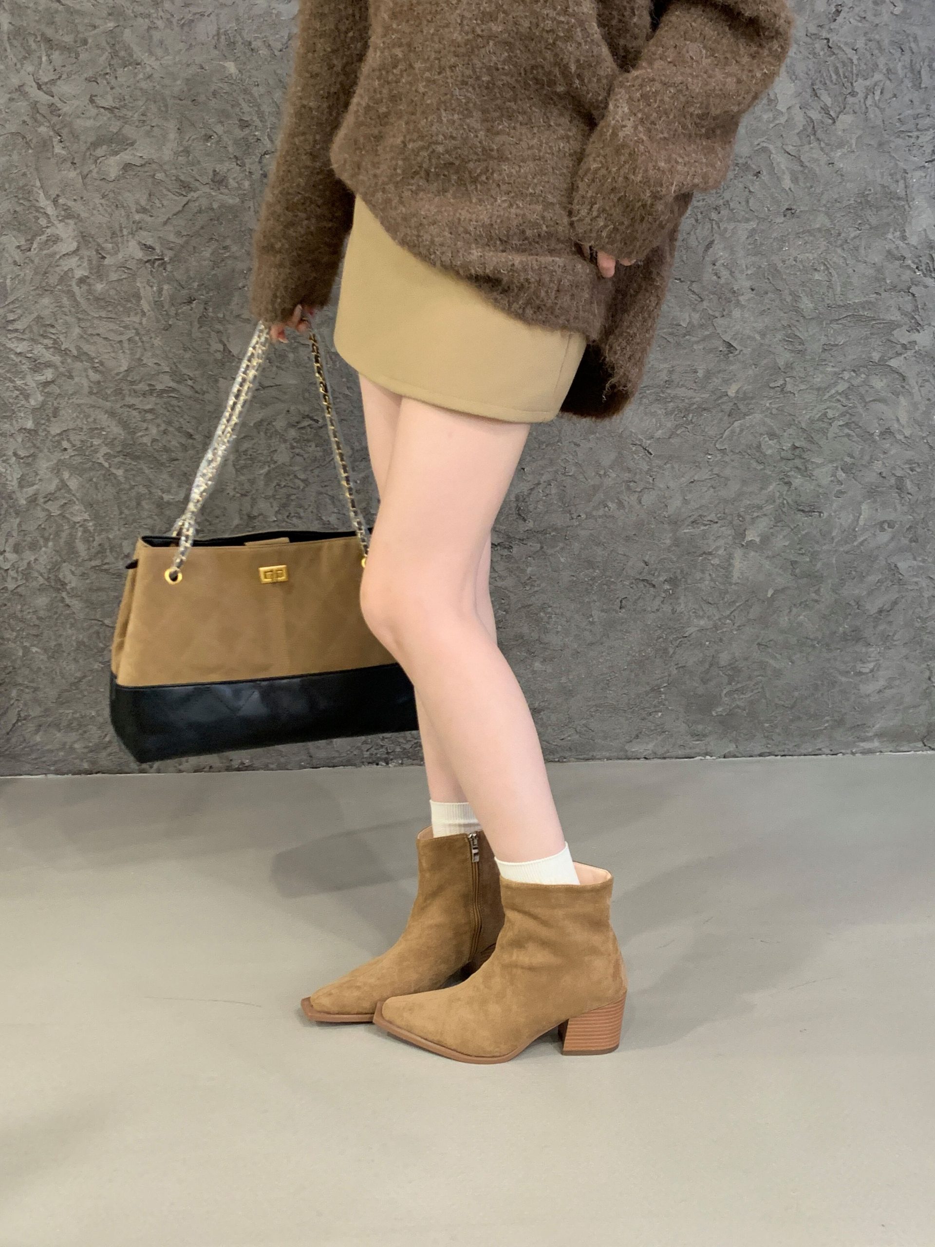 BUBUFLY Women's French Square Toe Chunky Heel Stretch Suede Ankle Boots Casual High Heel Short Boots - Image 4