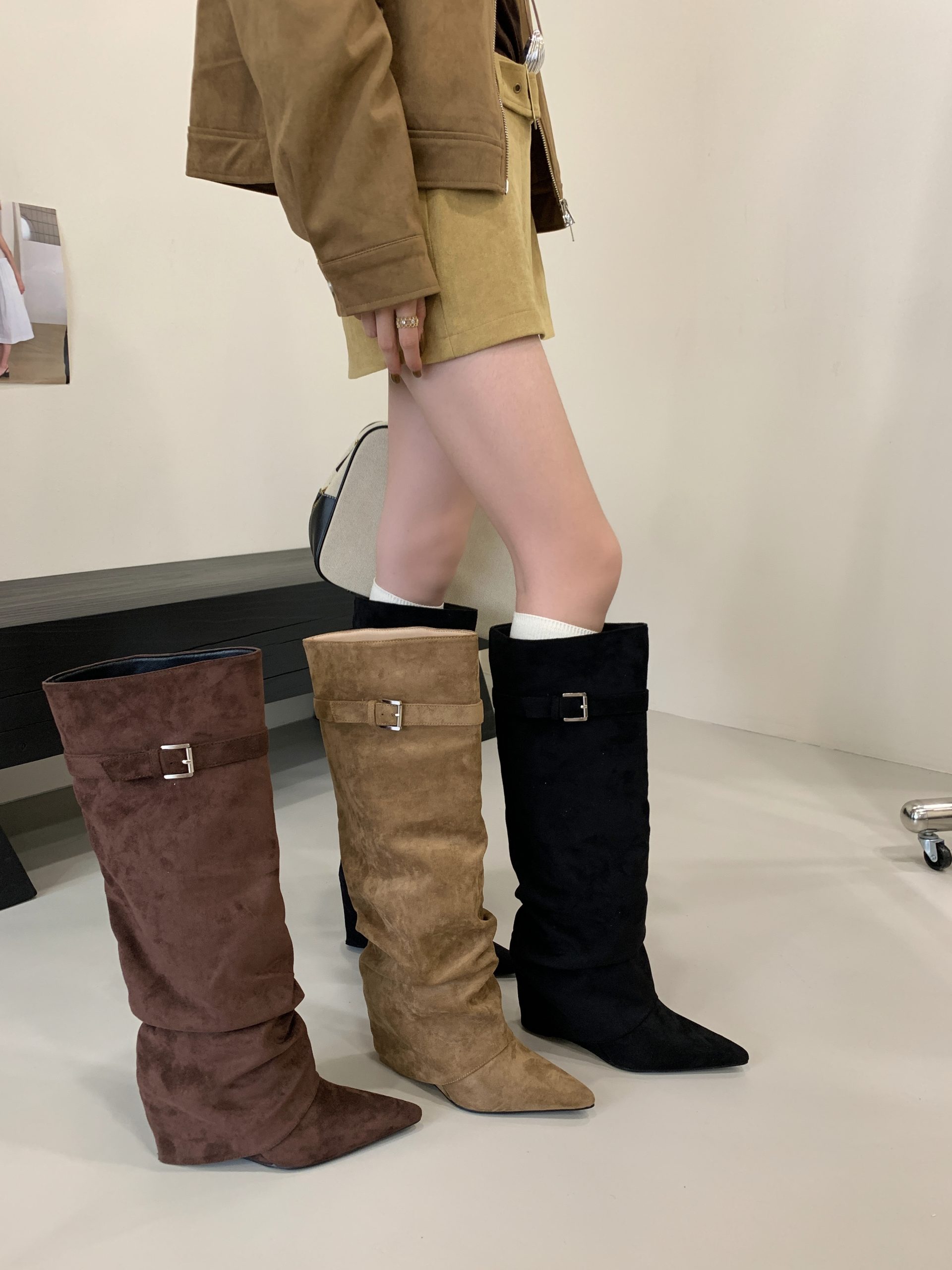 BUBUFLY Women's Suede Pointed Toe Wedge High Heel Knee High Boots 2025 Fall Winter Slim Fit Riding Boots