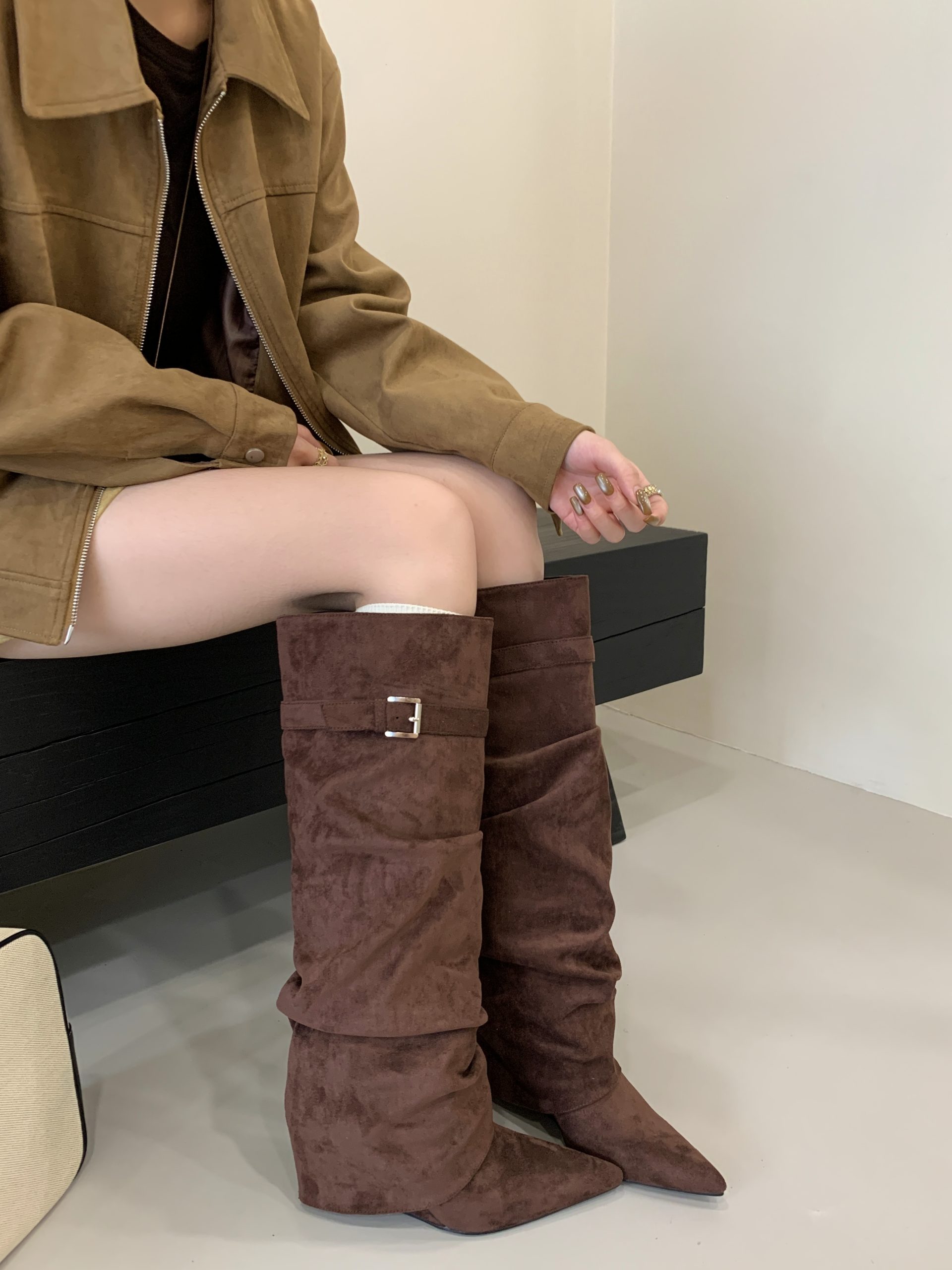 BUBUFLY Women's Suede Pointed Toe Wedge High Heel Knee High Boots 2025 Fall Winter Slim Fit Riding Boots - Image 3