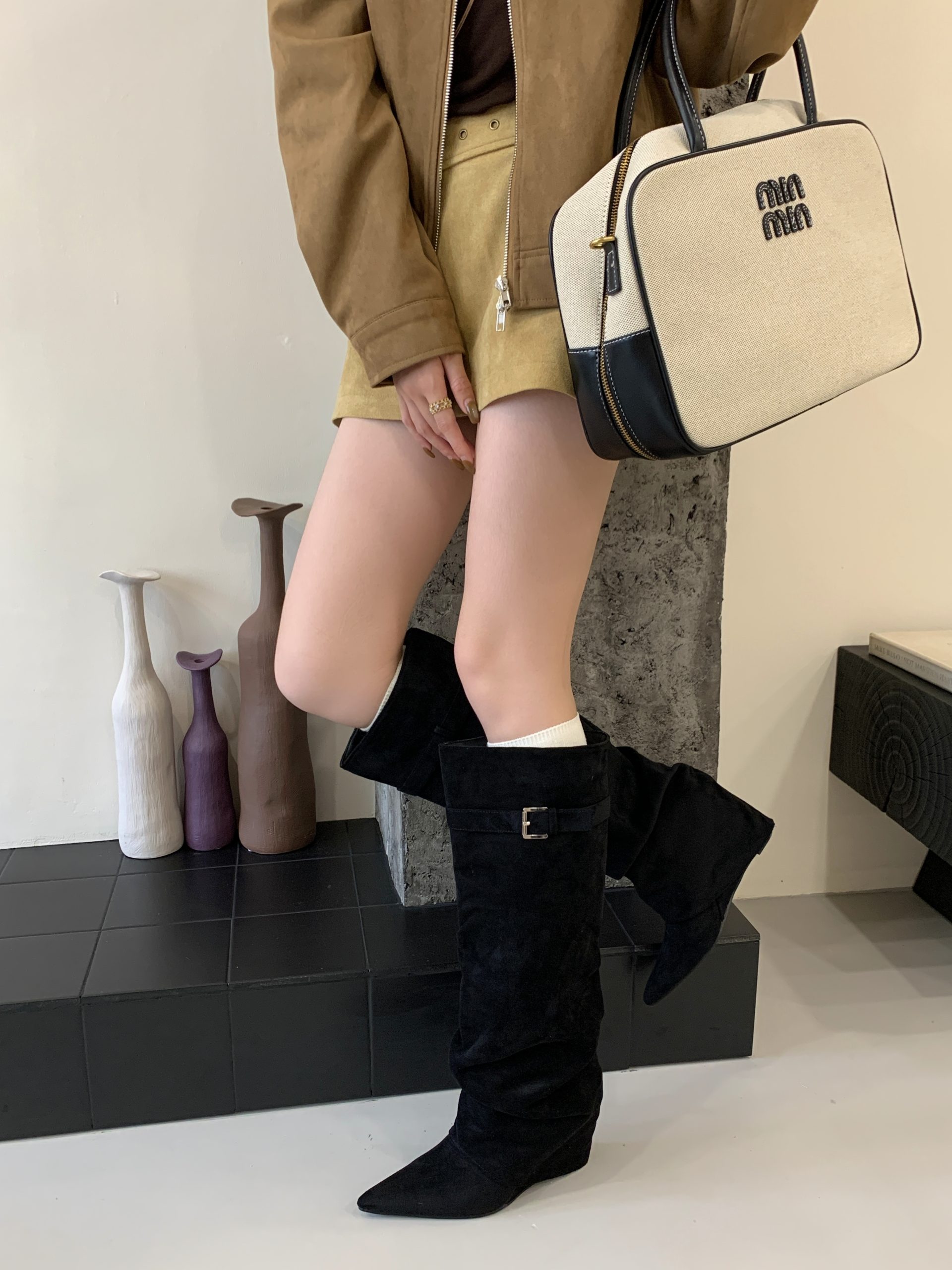 BUBUFLY Women's Suede Pointed Toe Wedge High Heel Knee High Boots 2025 Fall Winter Slim Fit Riding Boots - Image 4