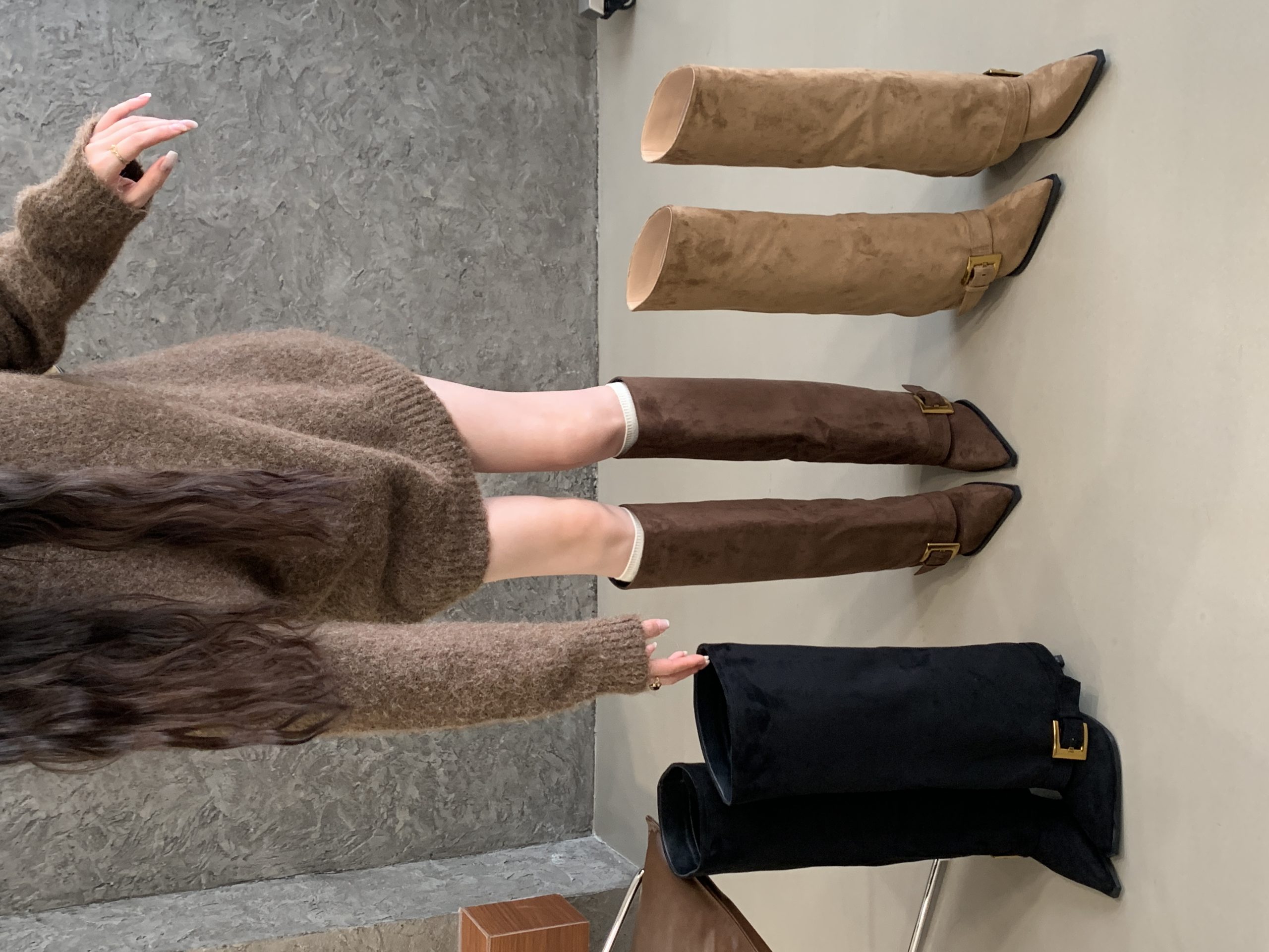 BUBUFLY Women's Pointed Toe High Heel Over-the-Knee Boots 2025 Fall Fashion Suede Buckle Strap Tall Boots