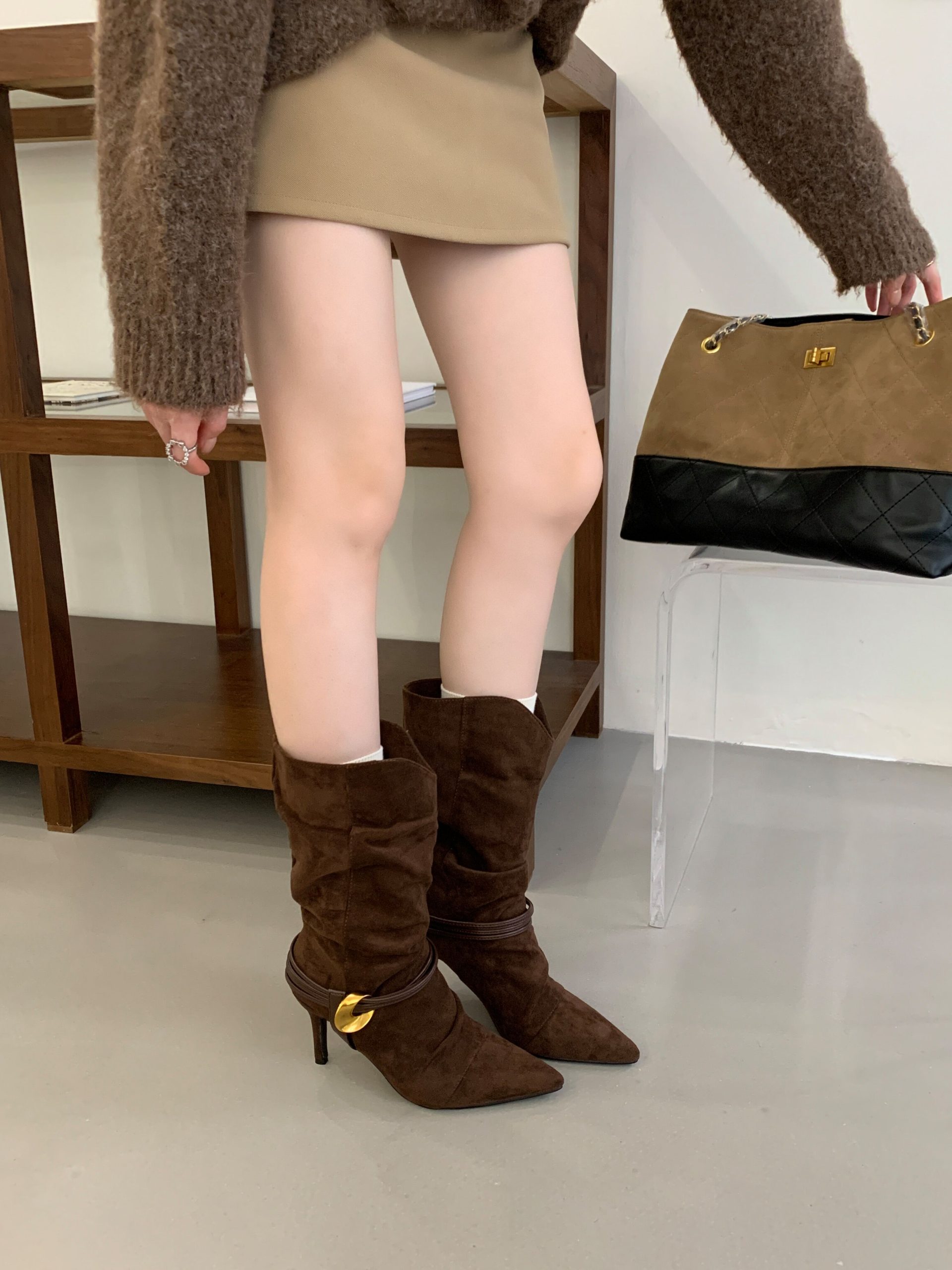 BUBUFLY Women's Mid-Calf Boots Pointed Toe Kitten Heel Brown Cowhide Stacked Boots Western Cowboy Boots - Image 3