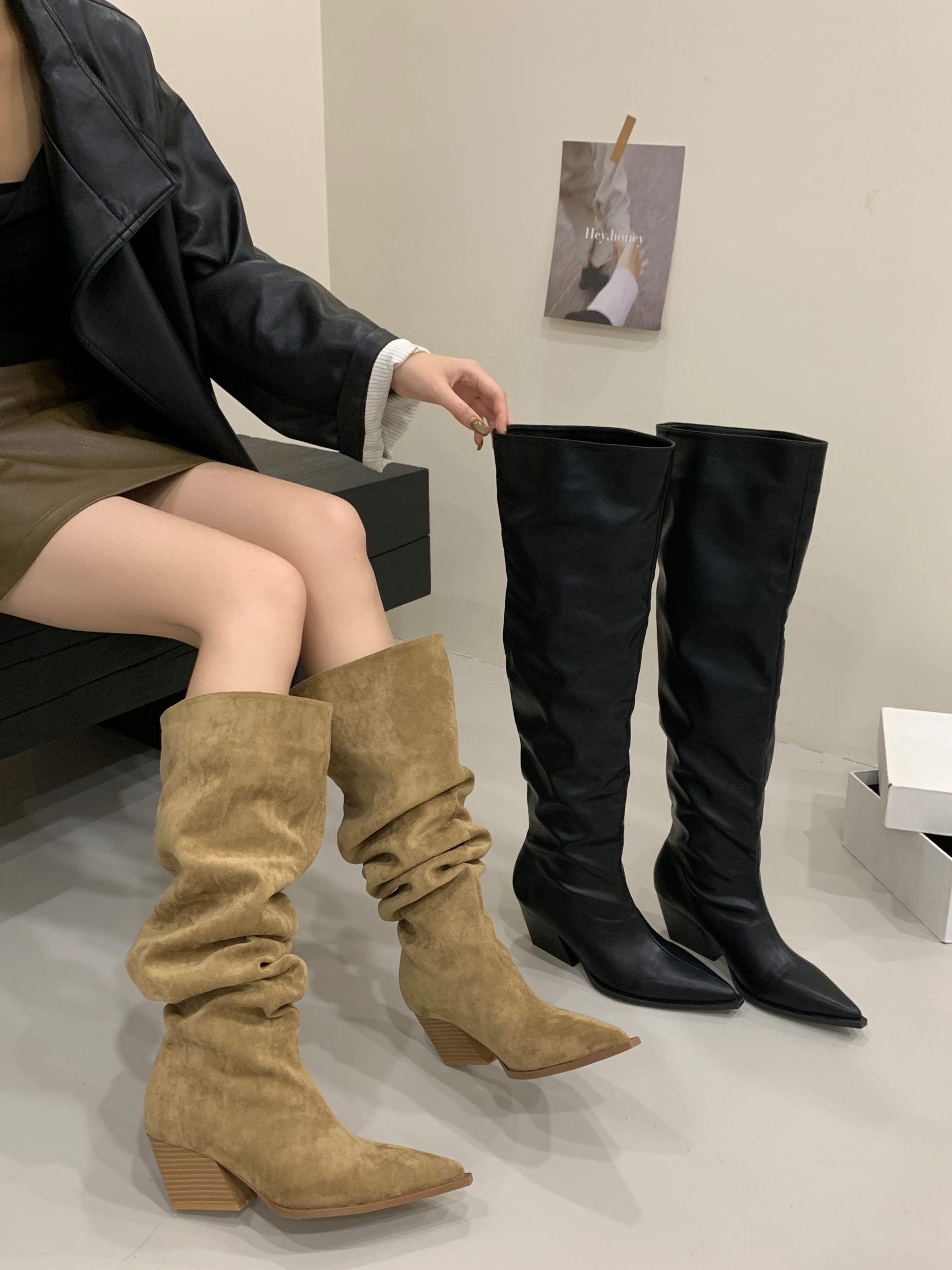 BUBUFLY 2025 New Fall Over Knee Boots Women Chunky Heel Height Increasing Folded Western Boots