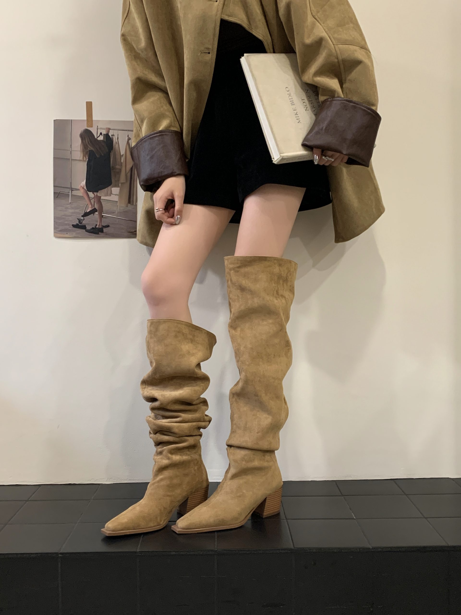 BUBUFLY Women's Wide Calf Suede Over Knee Boots Chunky Heel Square Toe Slouchy Boots Fall 2025