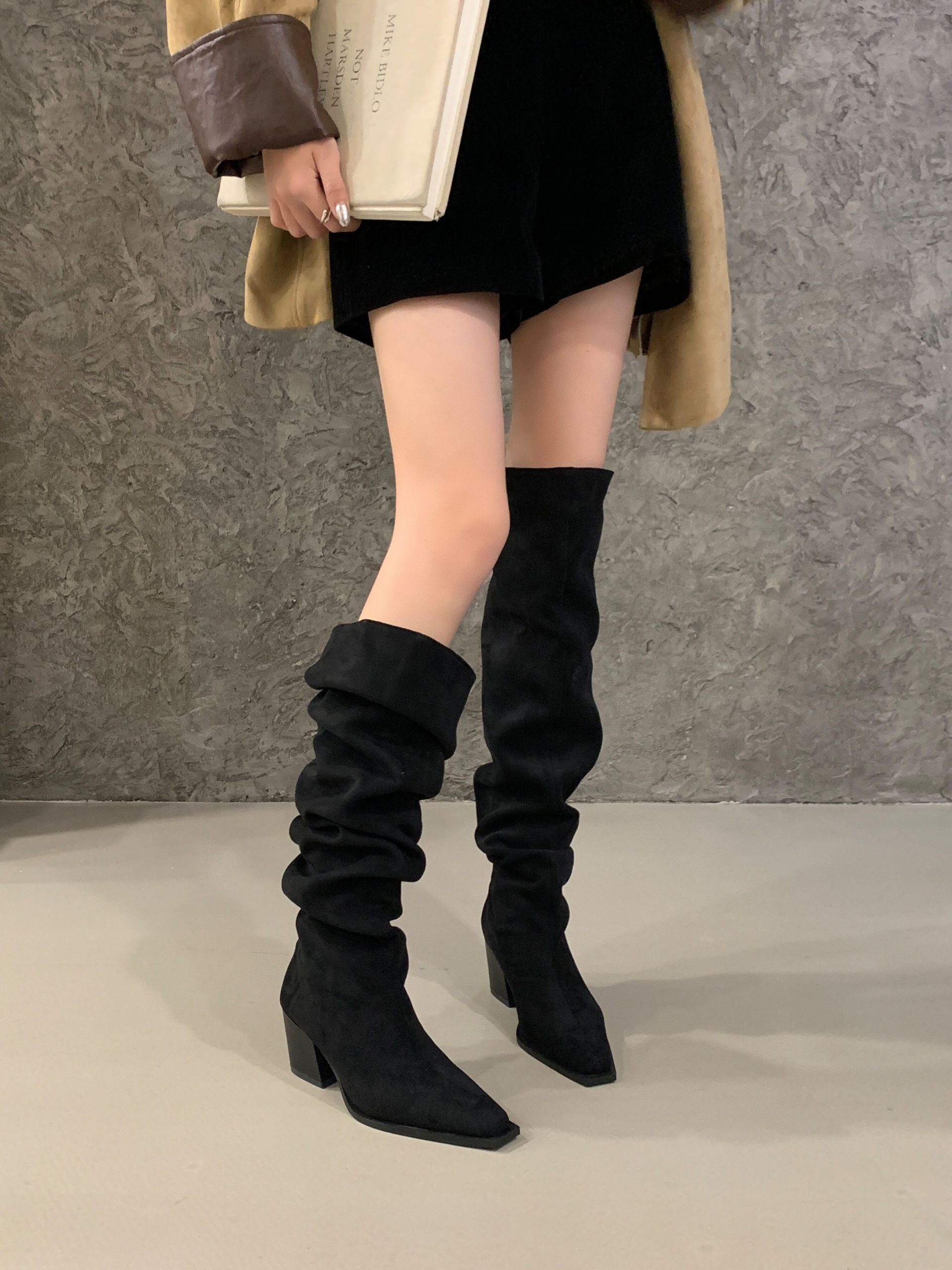 BUBUFLY Women's Wide Calf Suede Over Knee Boots Chunky Heel Square Toe Slouchy Boots Fall 2025 - Image 3
