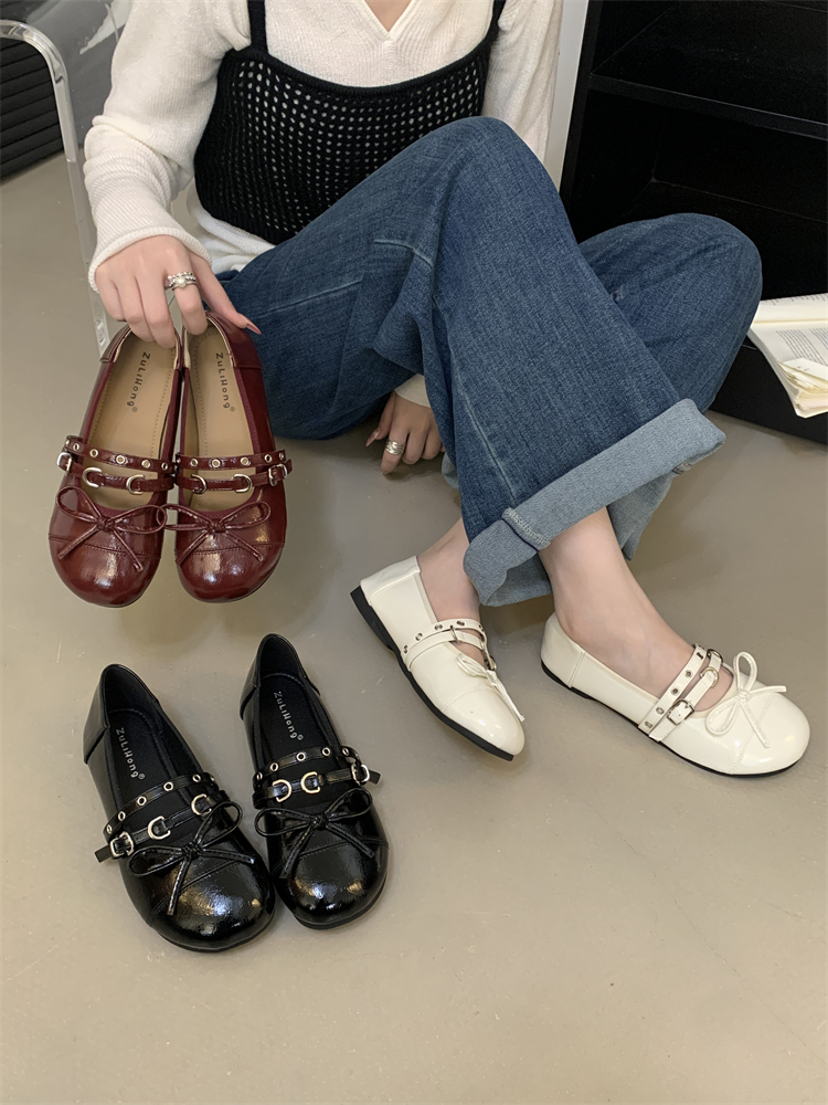 2026 Spring Retro Bow Mary Jane Shoes Women One-Strap Red Low Heel PU Leather Flats