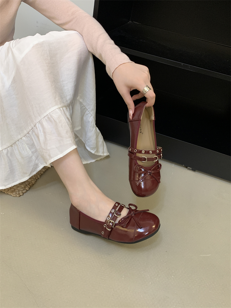 2026 Spring Retro Bow Mary Jane Shoes Women One-Strap Red Low Heel PU Leather Flats - Image 3