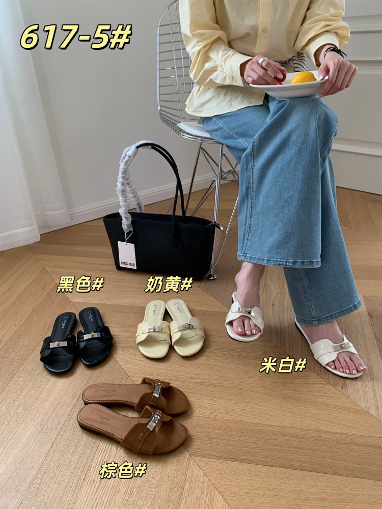 French Style Women's Summer New Metal Buckle Flat Open Toe Slippers Casual Sandals