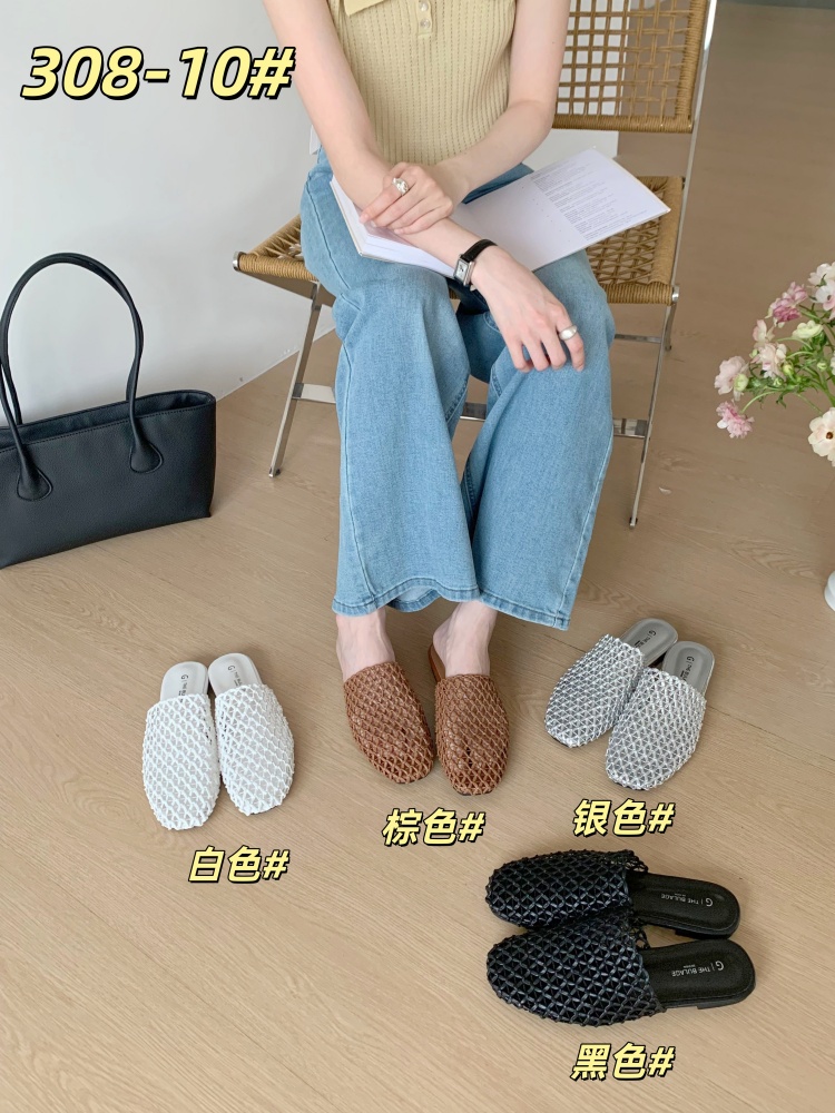 Gege Lu Women's Square Toe Woven Hollow Flat Beach Slippers 2026 Summer Casual Sandals